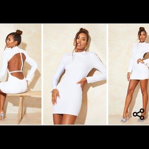 Turtle neck backless long sleeve white dress